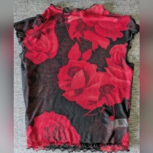 Red and Black Floral Mesh Top